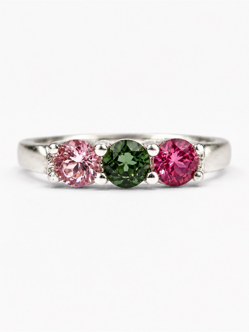 Three Stone Tourmaline, Pink Sapphire & Pink Topaz 925 Sterling Silver Ring 7.5